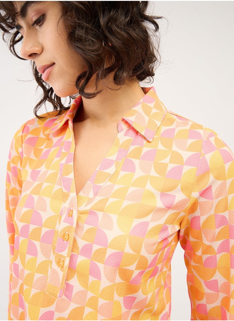 Salt Attire Women's Geometric Patterned Top | Collared V-Neckline with Half Placket & Full-Length Cuffed Sleeves | Elegant and Versatile for Effortless Style  - Image 2