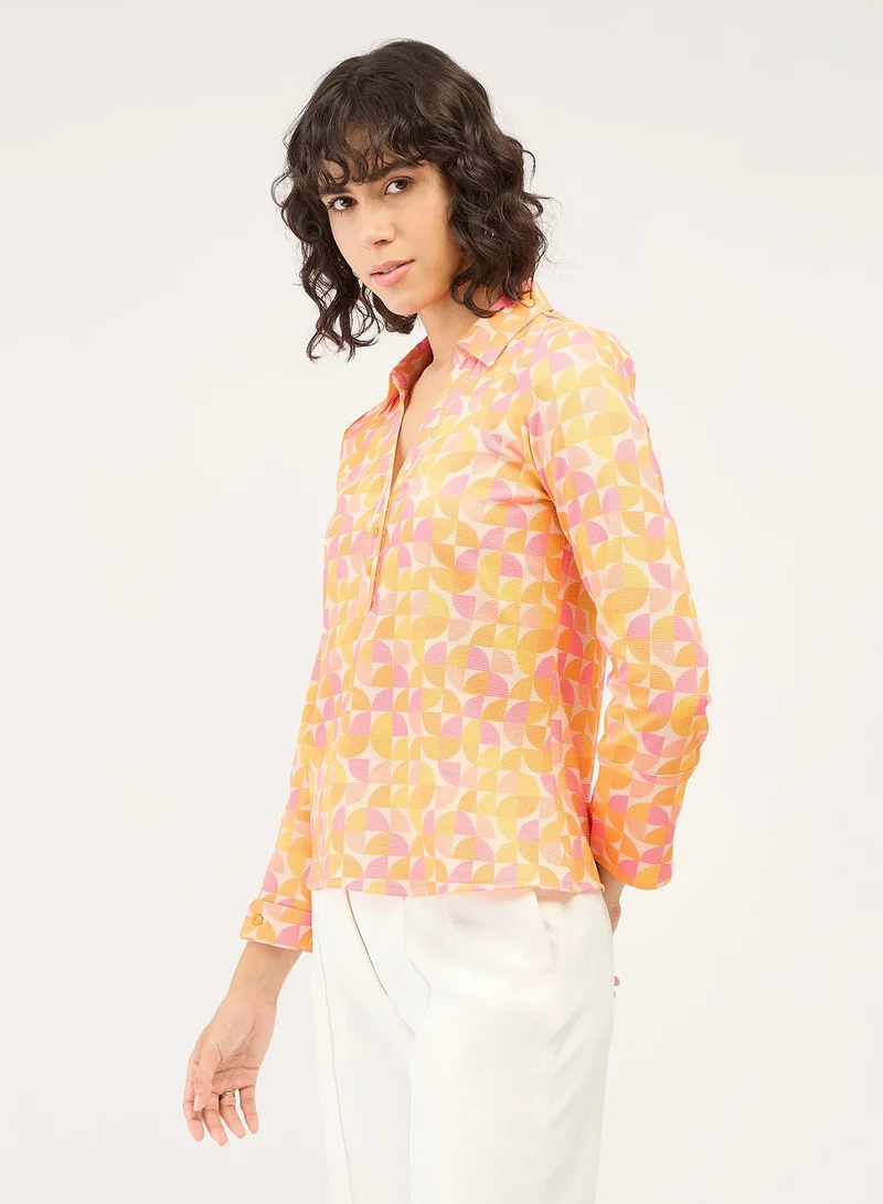 Salt Attire Women's Geometric Patterned Top | Collared V-Neckline with Half Placket & Full-Length Cuffed Sleeves | Elegant and Versatile for Effortless Style