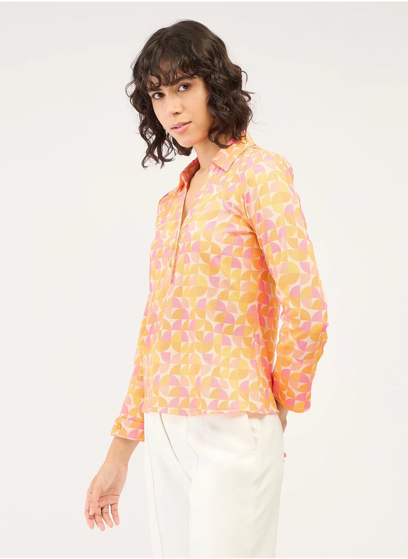 Salt Attire Women's Geometric Patterned Top | Collared V-Neckline with Half Placket & Full-Length Cuffed Sleeves | Elegant and Versatile for Effortless Style  - Image 4