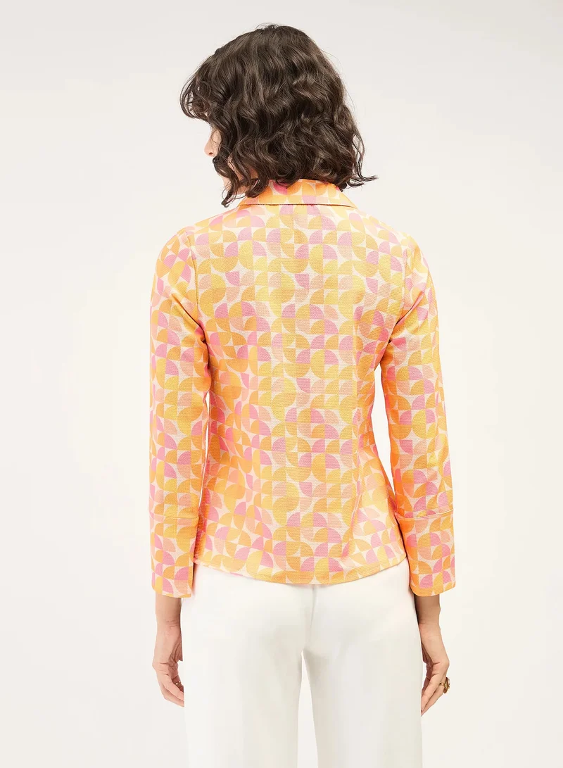 Salt Attire Women's Geometric Patterned Top | Collared V-Neckline with Half Placket & Full-Length Cuffed Sleeves | Elegant and Versatile for Effortless Style