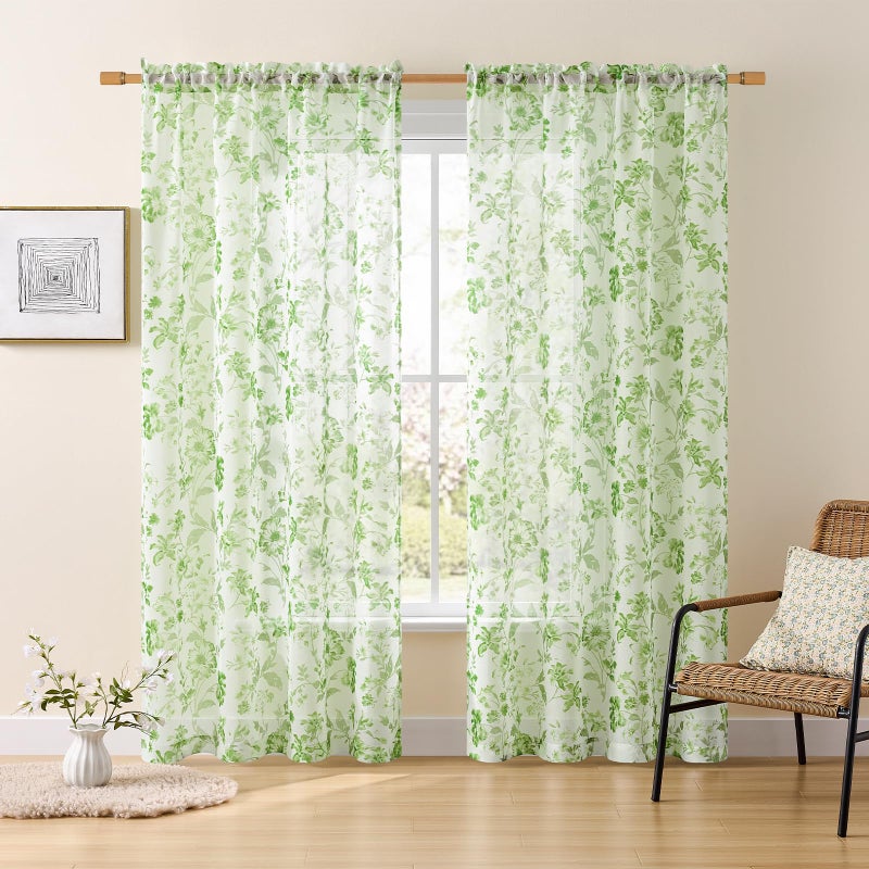 FOLKSIDE Pink Floral Sheer Curtains 84 Inches Long 2 Panels for Girls Bedroom Rod Pocket Light Filtering French Romantic Flower Sheer Curtains for Nursery Room Cute Modern Garden Theme Privacy Decor, 52x84 - Image 2