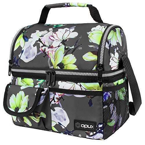 opux Lunch Bag Women Insulated Adult Lunch Box Cooler Flower Lunch Box Dual Compartment Lunchbox for Work Leakproof Double Decker Lunch Bag Soft Lunch Pail Tote Girls Kids School Floral Gray