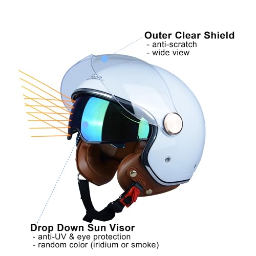 BEON Half 3/4 Face Motorcycle Helmet, DOT Approved, Retro Vintage Style, Dual Visors Men’s and Women’s Motorbike Casco for Moped Cruiser Bobber and Chopper (L, Glossy White) - Image 3