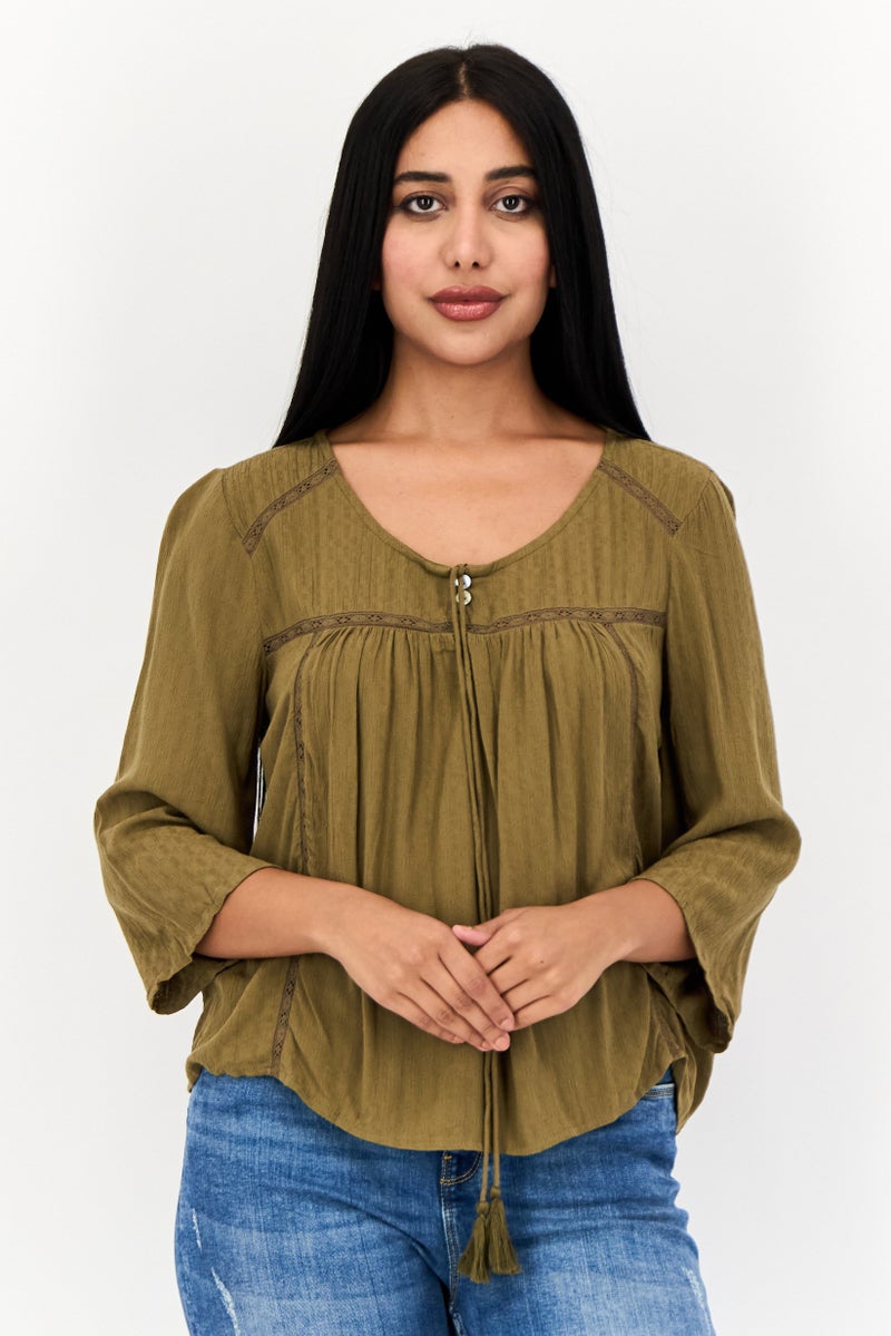 ONLY Women Round Neck 3/4 Sleeves Textured Blouse, Olive  - Image 1