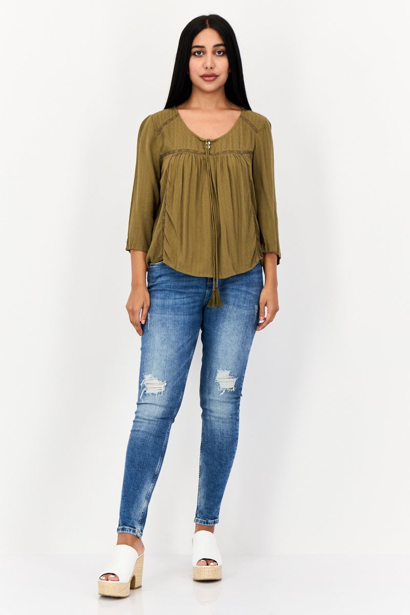ONLY Women Round Neck 3/4 Sleeves Textured Blouse, Olive  - Image 3