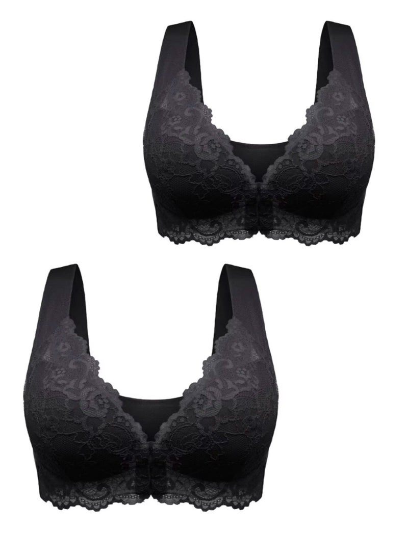 SOLOBUY Front Closure Lace Bra, Black, Breathable Fabric, 2-Pack - Image 1