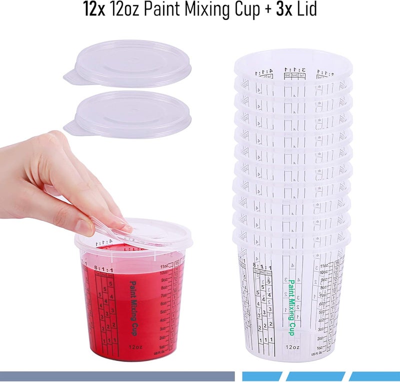 CANOPUS 12-oz Paint Mixing Cups, Pack of 12 Cups with 3 Lids, Reusable and Solvent-Resistant Clear Plastic Containers for Paint, Epoxy, Resin, Oil, and Thinner - Image 2