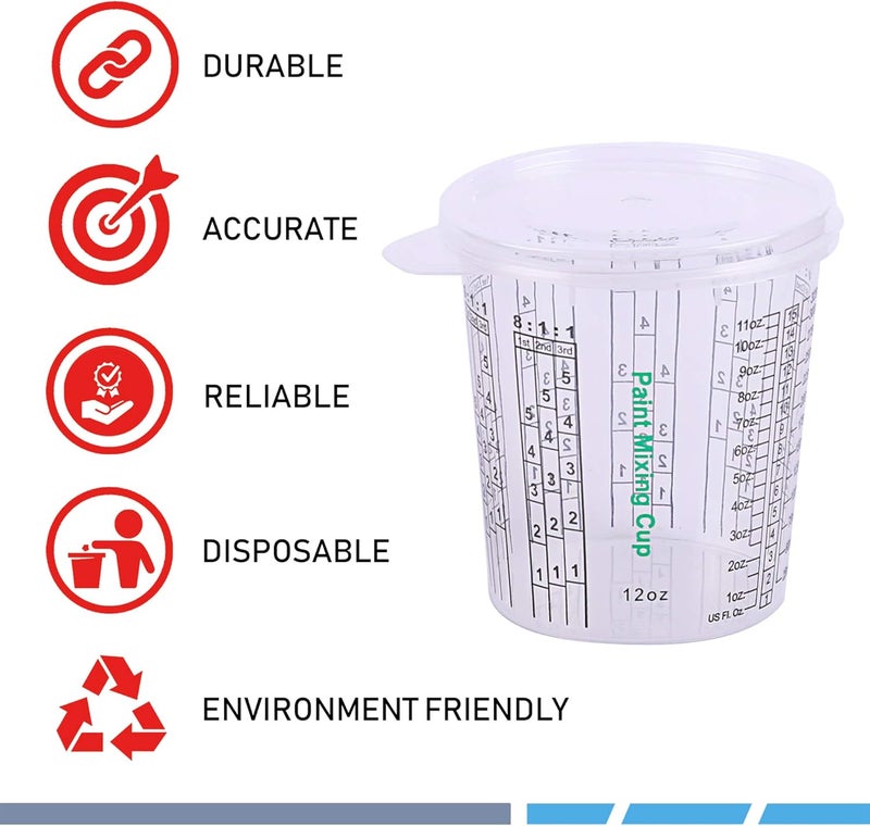 CANOPUS 12-oz Paint Mixing Cups, Pack of 12 Cups with 3 Lids, Reusable and Solvent-Resistant Clear Plastic Containers for Paint, Epoxy, Resin, Oil, and Thinner - Image 3