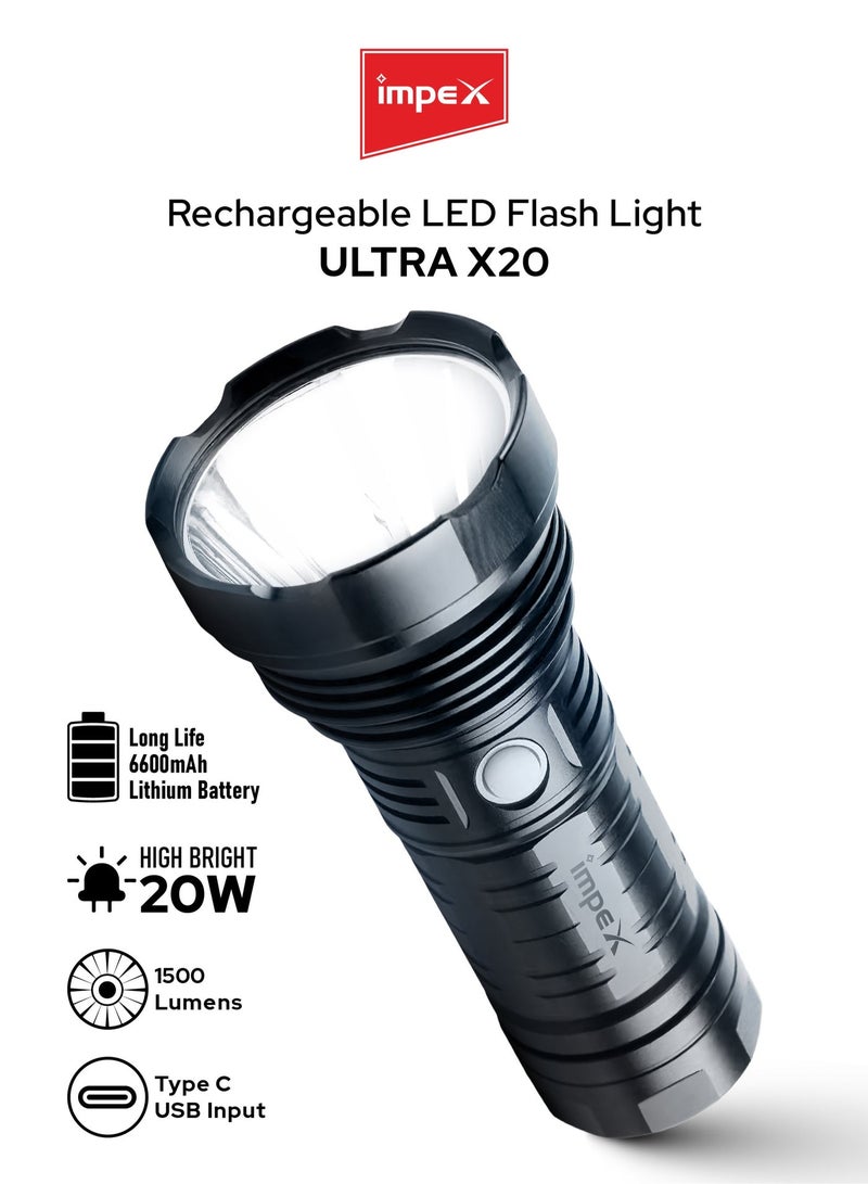 إمبكس Rechargeable LED Flashlight-High Bright LED Torch ,20W, 6600mAh Battery, 1500 Lumens, Portable Design,2-Year Warranty(Ultra X20) - Image 2