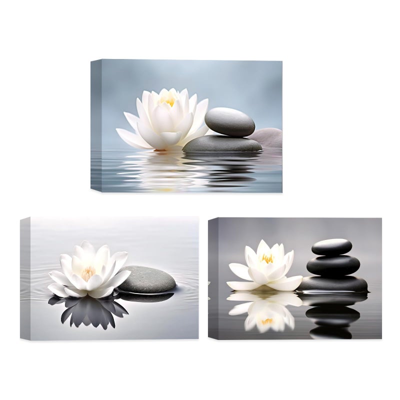 CCWACPP Zen Canvas Wall Art 3 Piece White Lotus and Black Zen Stones Picture Prints for Yoga Spa Meditation Spiritual Room Bathroom Decor Frame (12x16inchx3P) - Image 1