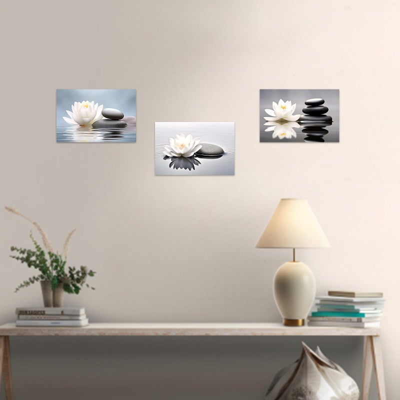 CCWACPP Zen Canvas Wall Art 3 Piece White Lotus and Black Zen Stones Picture Prints for Yoga Spa Meditation Spiritual Room Bathroom Decor Frame (12x16inchx3P) - Image 5