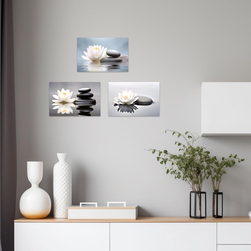 CCWACPP Zen Canvas Wall Art 3 Piece White Lotus and Black Zen Stones Picture Prints for Yoga Spa Meditation Spiritual Room Bathroom Decor Frame (12x16inchx3P) - Image 2