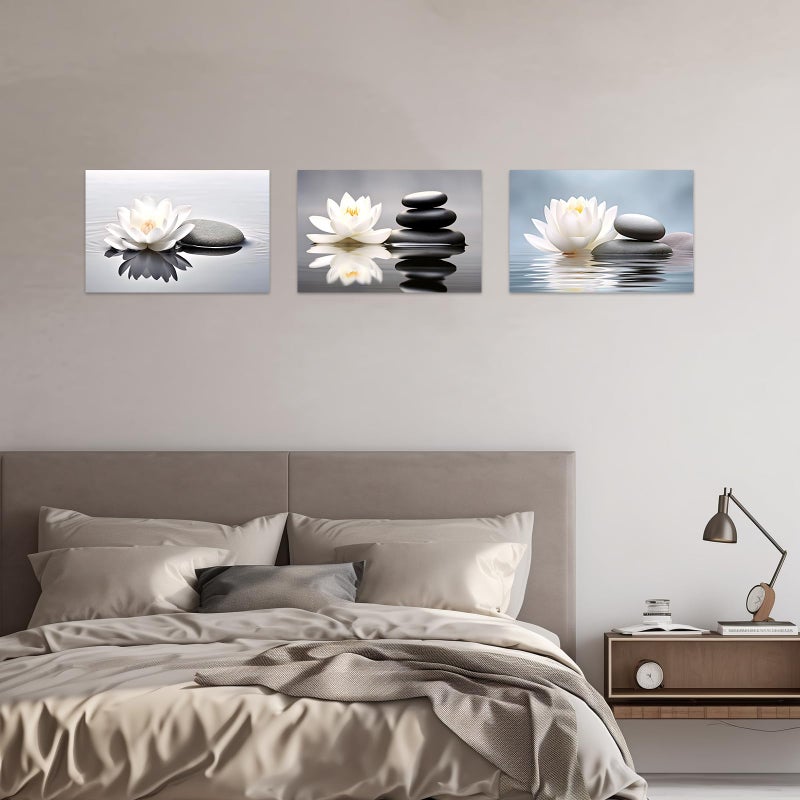 CCWACPP Zen Canvas Wall Art 3 Piece White Lotus and Black Zen Stones Picture Prints for Yoga Spa Meditation Spiritual Room Bathroom Decor Frame (12x16inchx3P) - Image 3