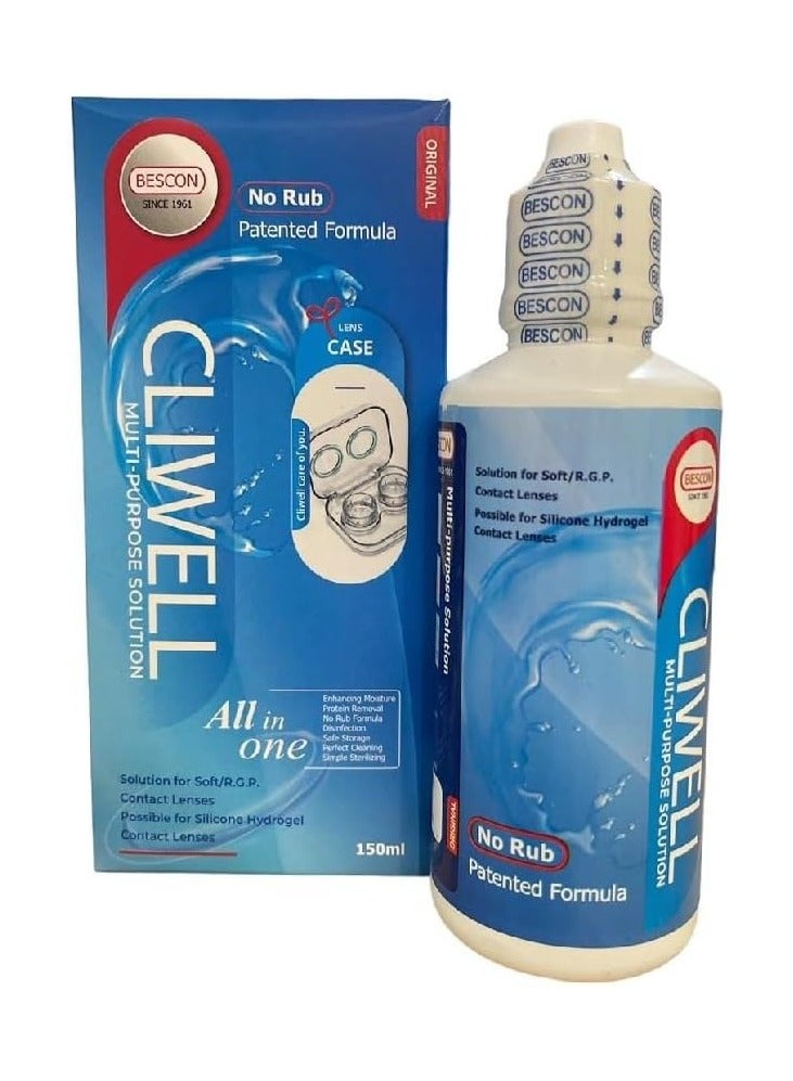 CLIWELL Multi-Purpose Solution All In One and Plastic Contact Lens Cleaning Tool - 150ml
