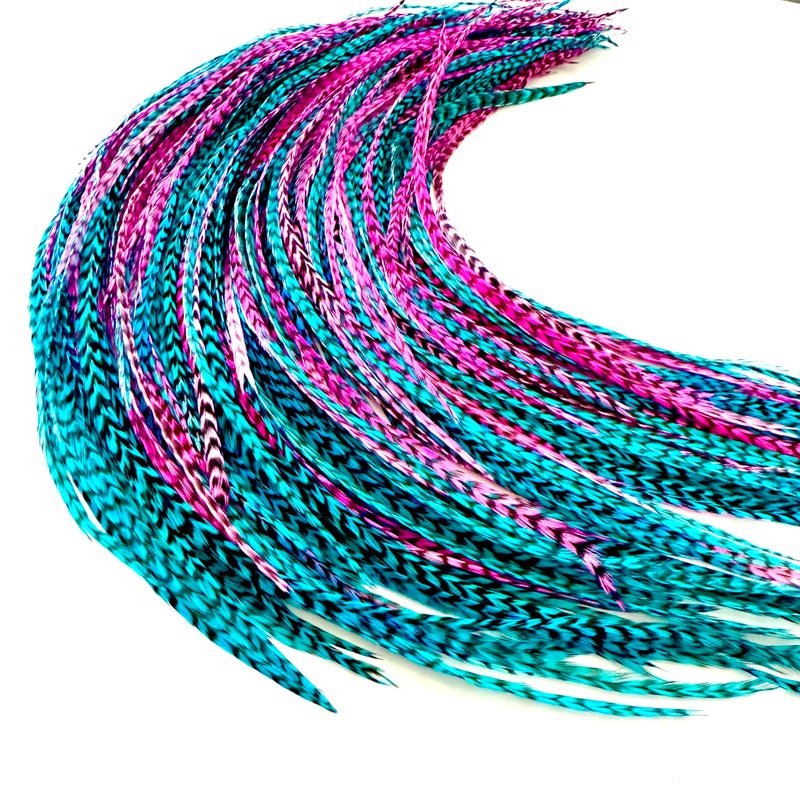 21 Hot Pink Turquoise Grizzly Hair Extensions 914 Long DIY Rooster Kit with 20 MicroLink Beads 100 Real Feathers EyeCatching Boho Style