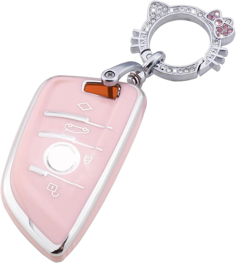 PANGPAI Pink Key Fob Cover for BMW, Soft TPU Key Case Protection with Bling Keychain Fit for BMW X1 X2 X3 X5 X6 X7 and Series 1 2 3 4 5 6 7 8 - Image 1
