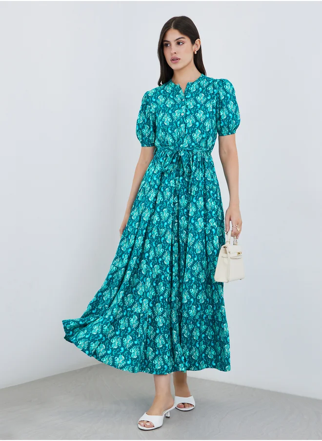 ستايلي Styli Printed Mandarin Collar Puff Sleeves Maxi Dress