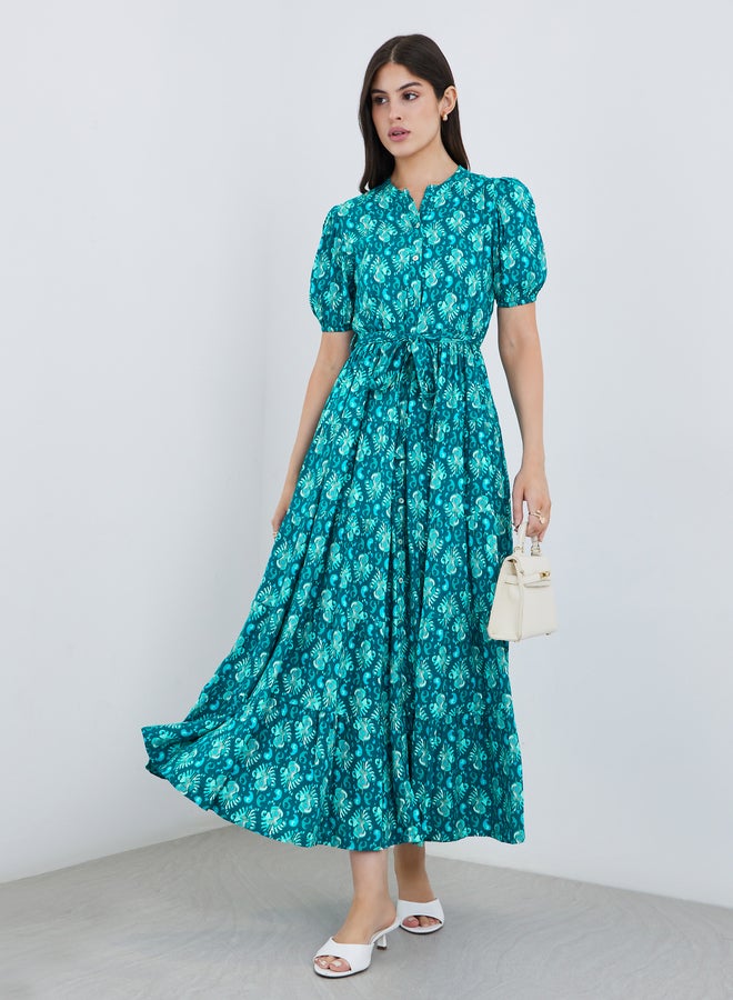 Styli Printed Mandarin Collar Puff Sleeves Maxi Dress - Image 1