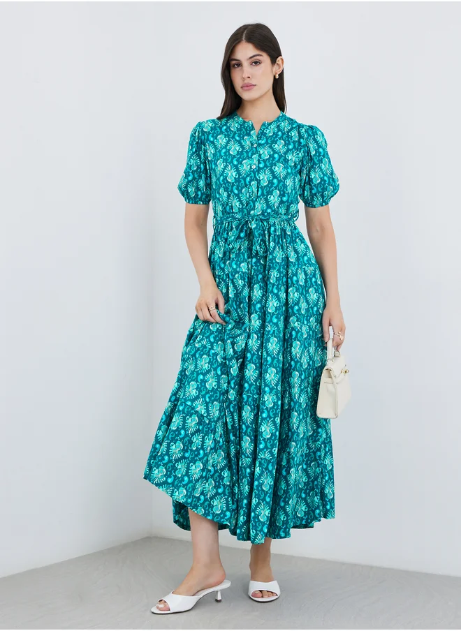 ستايلي Styli Printed Mandarin Collar Puff Sleeves Maxi Dress