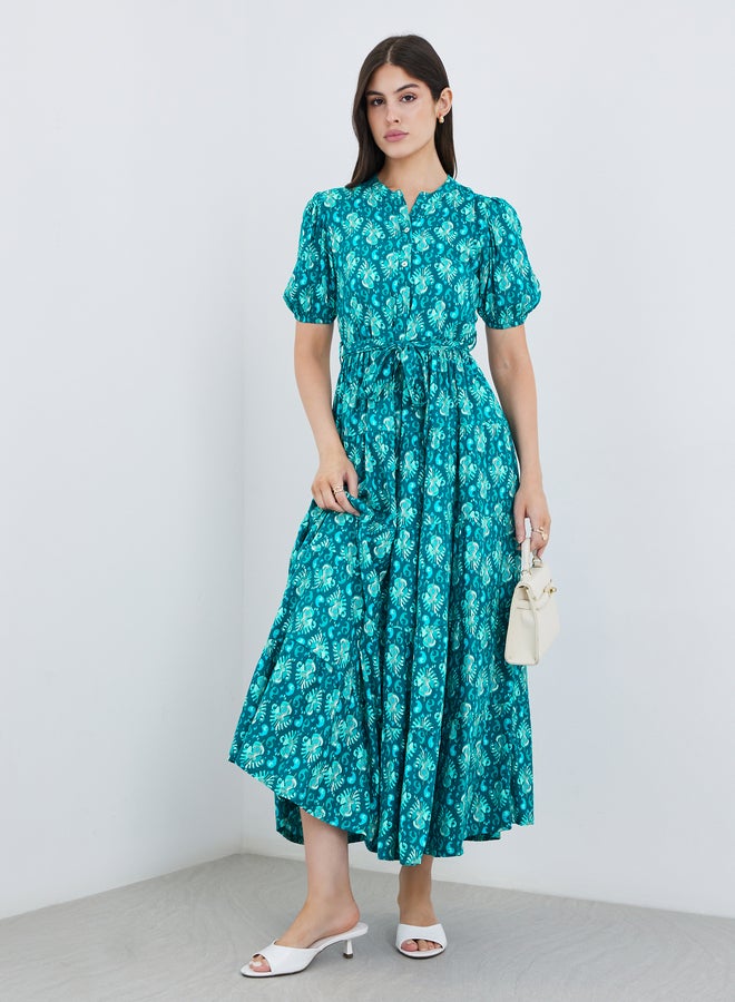 Styli Printed Mandarin Collar Puff Sleeves Maxi Dress - Image 2