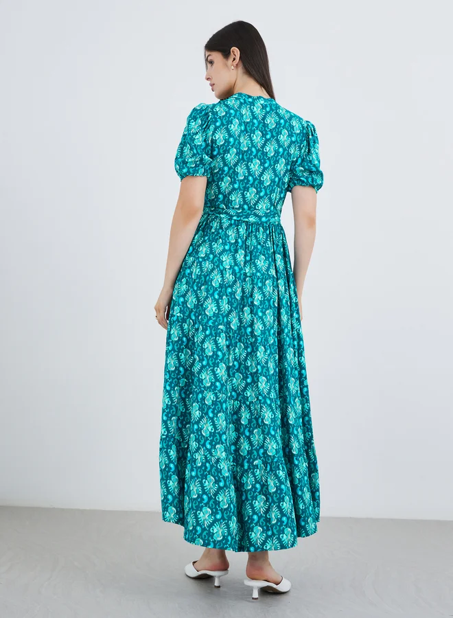 Styli Styli Printed Mandarin Collar Puff Sleeves Maxi Dress
