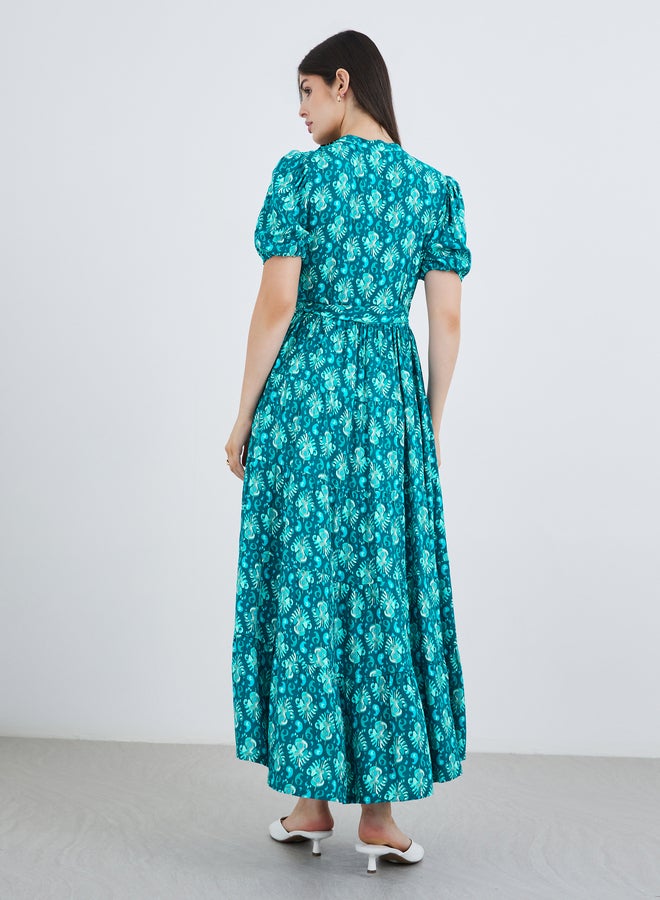 Styli Printed Mandarin Collar Puff Sleeves Maxi Dress - Image 5