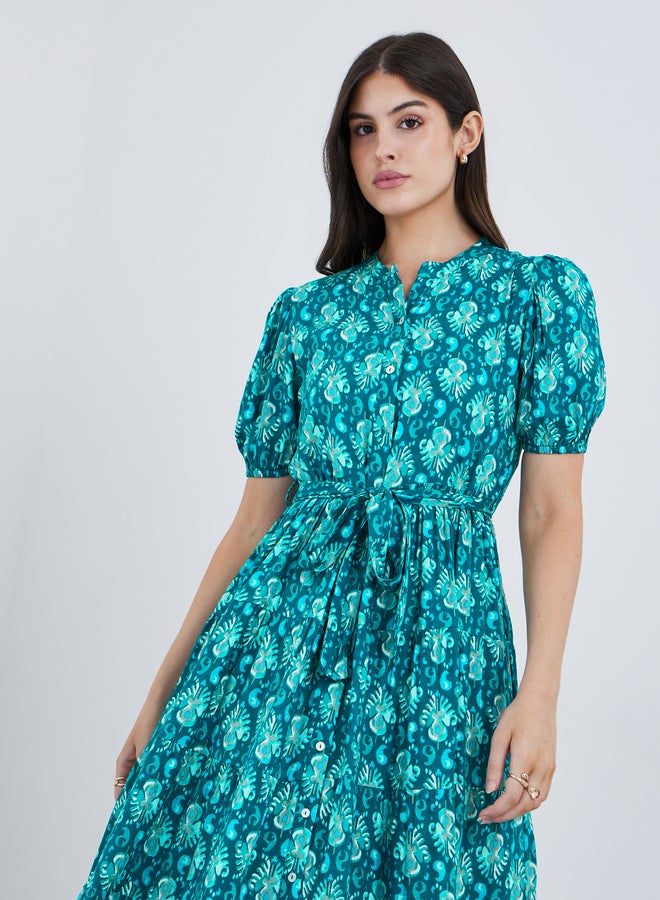 Styli Printed Mandarin Collar Puff Sleeves Maxi Dress - Image 3
