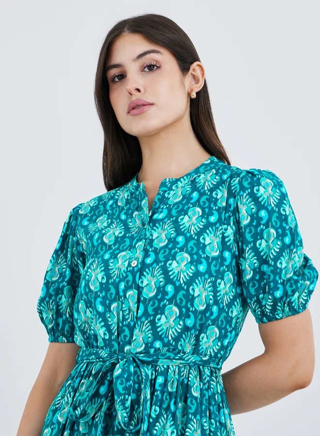 Styli Styli Printed Mandarin Collar Puff Sleeves Maxi Dress