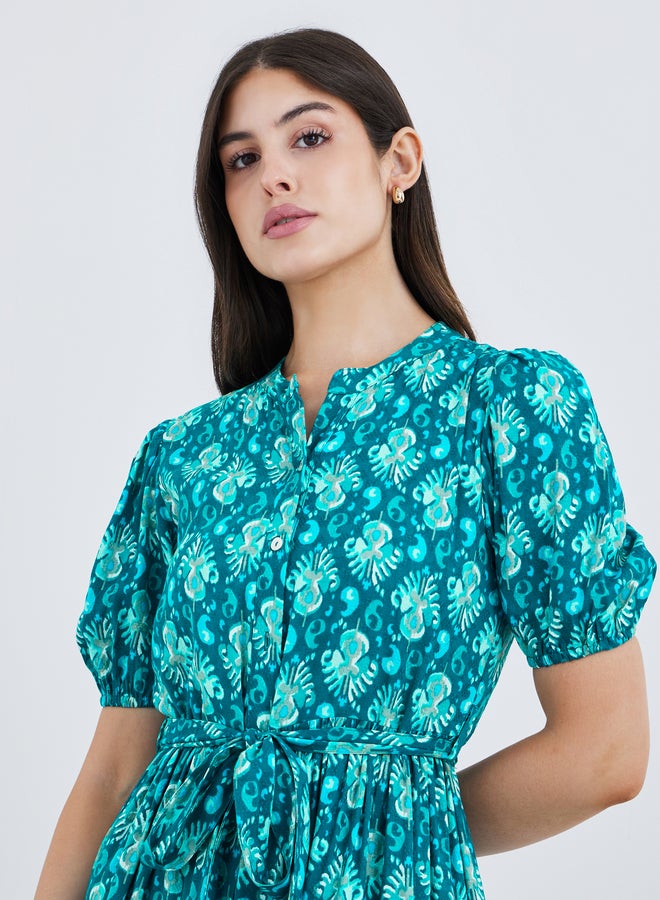 Styli Printed Mandarin Collar Puff Sleeves Maxi Dress - Image 4