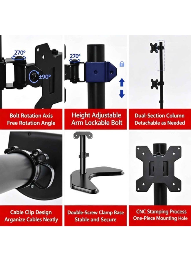 Extra Tall Dual Monitor Stand, Freestanding Heavy Duty Computer Monitor Arm Mount for 2 Monitors 13–32 Inch, Adjustable Vertical Monitor Stand, Ergonomic Full Motion Articulating Arm, Gaming & Home Office Desk Setup, Supports 22 lbs Each, Black - Image 2