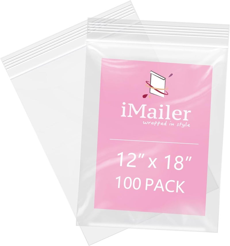 iMailer - 100 Pcs- 12" x 18" Reclosable Plastic Zip Poly Bags 2 Mil - Clear Zip Bag for Clothing, T-Shirts, Pants - Image 1