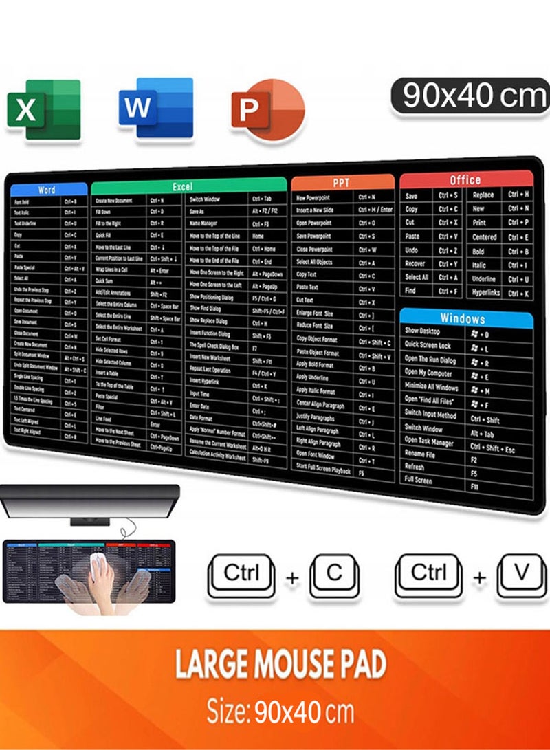 ماوس باد كبيرة للألعاب مع اختصارات برامج Office Excel، لوحة ماوس غير قابلة للانزلاق مع نمط اختصارات برامج Office، لوحة ماوس بتصميم شخصي بحجم ممتد 90 × 40 سم لمستخدمي المكاتب و برامج الاوفيس - Image 1