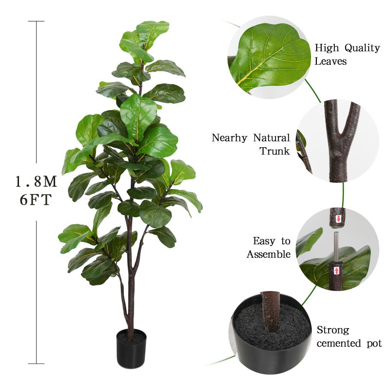 LUWENER 6ft Artificial Fiddle Leaf Fig Tree Plant,Fake Ficus Lyrata in Pot,Ficus Faux Plant Artificial Trees for Office Indoor Outdoor Garden Living Room Home Decor 1PCS-71in - Image 3