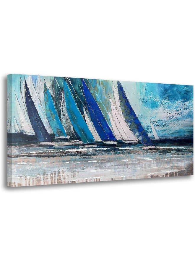 Arjun Blue Abstract Wall Art Teal Ocean Sailboat Picture Modern Turquoise Coastal Painting, Large Canvas Handmade Textured Framed Artwork for Living Room Bedroom Kitchen Home Office Wall Decor 40"x20" - Image 1
