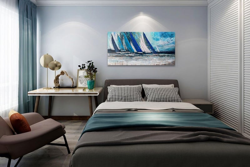 Arjun Blue Abstract Wall Art Teal Ocean Sailboat Picture Modern Turquoise Coastal Painting, Large Canvas Handmade Textured Framed Artwork for Living Room Bedroom Kitchen Home Office Wall Decor 40"x20" - Image 4