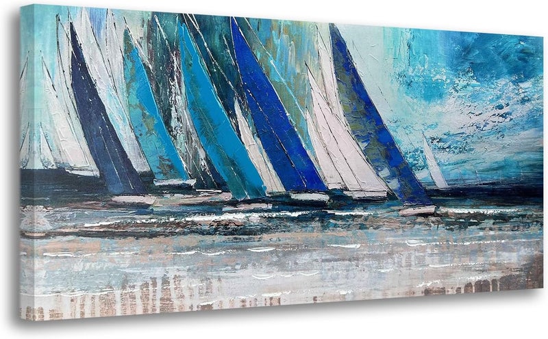 Arjun Blue Abstract Wall Art Teal Ocean Sailboat Picture Modern Turquoise Coastal Painting, Large Canvas Handmade Textured Framed Artwork for Living Room Bedroom Kitchen Home Office Wall Decor 40"x20" - Image 2