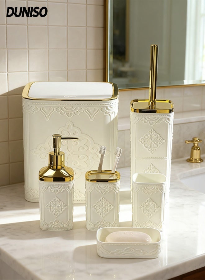 DUNISO 6 Pieces Bathroom Accessories Set , Plastic Bath Set with Trash Can,Toilet Brush,Soap Dispenser,Soap Dish and Lotion Set ,Toothbrush cup, Toothbrush Holder (White) - Image 1