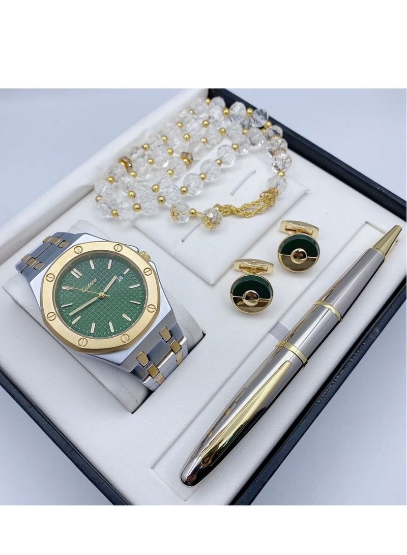 A high-quality, elegant men's watch gift set from Catery, a silver bracelet with a gold bracelet and a Green dial with the date display