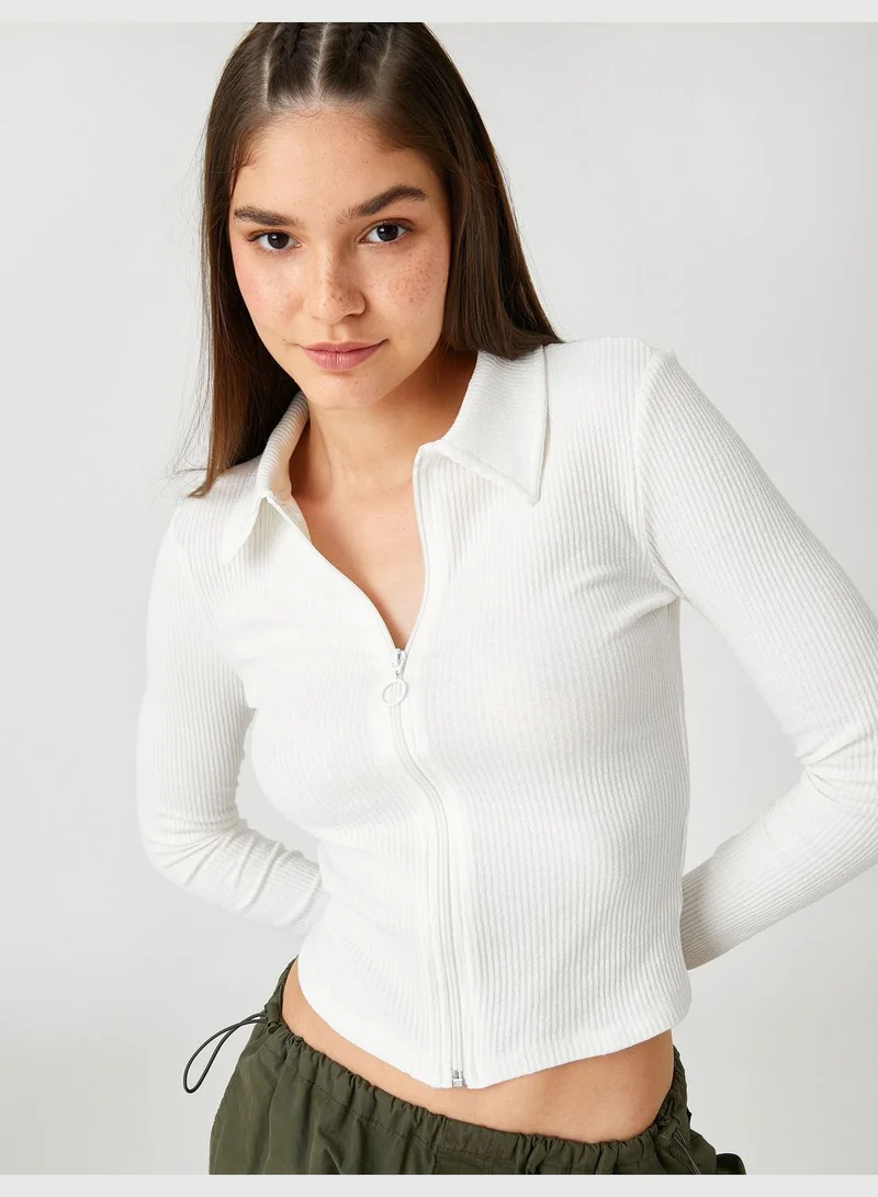 KOTON Polo Neck T-Shirt Zipper Detail Long Sleeve Tissued