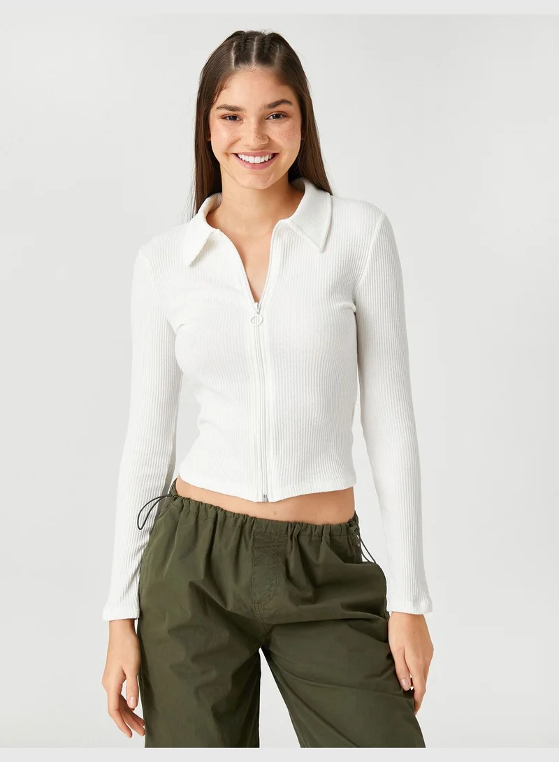 KOTON Polo Neck T-Shirt Zipper Detail Long Sleeve Tissued