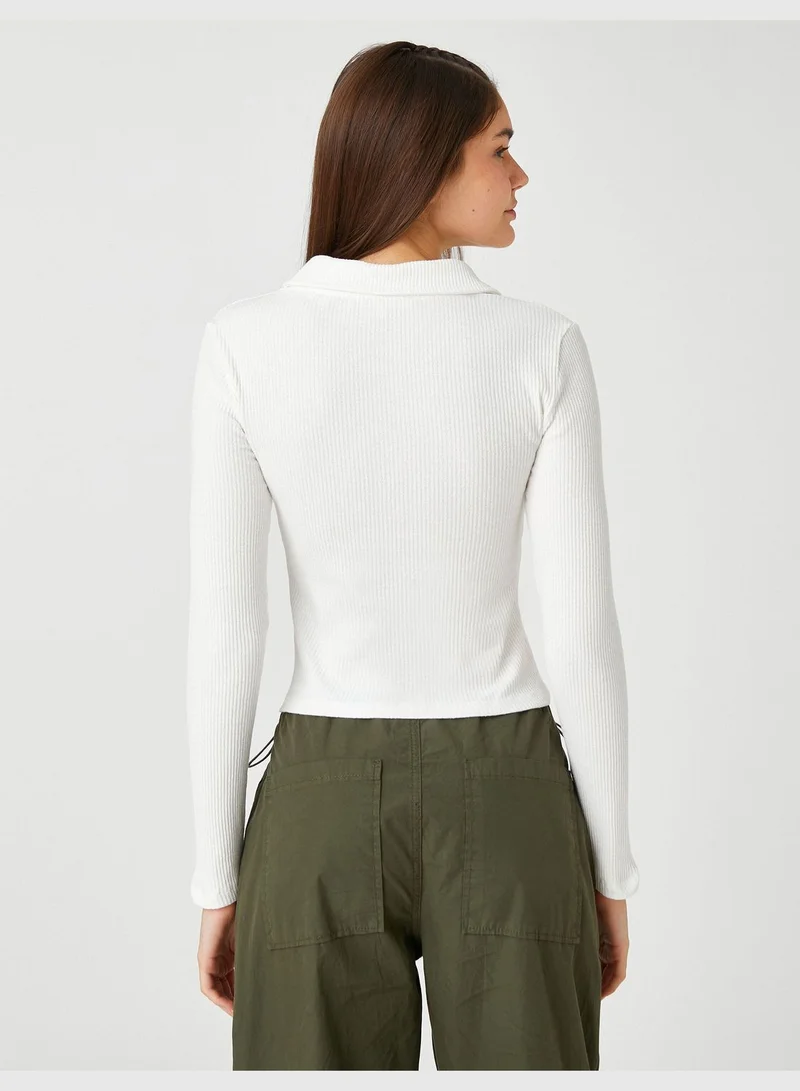 KOTON Polo Neck T-Shirt Zipper Detail Long Sleeve Tissued