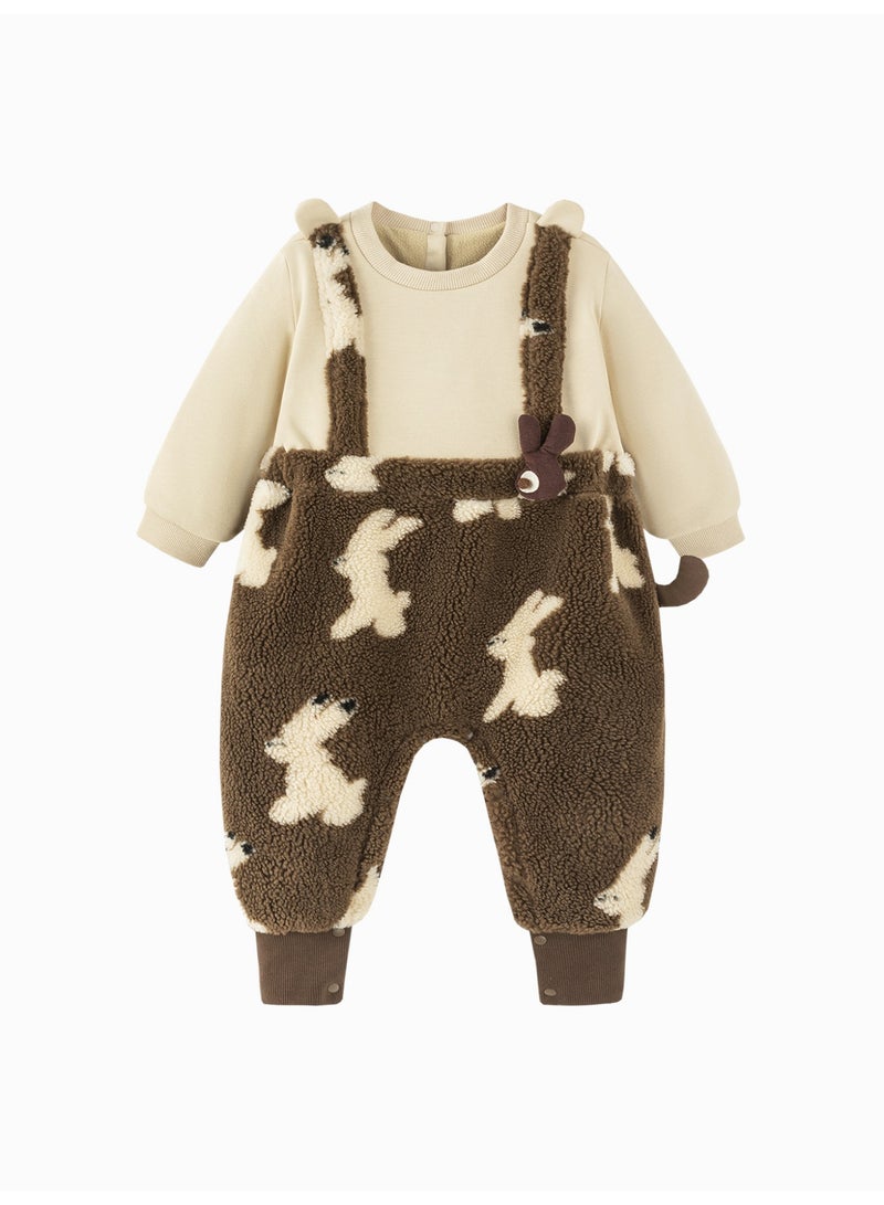 ميني بالا بليوزه خثرة لطيفة للأطفال غير المنفصلة جنسًا من ميني بالا، دافئة، ناعمة، تفاصيل أذن حيوان وتزيين أرنب، أكمام زر، سالوبات فصالية للخارج الخريف/الشتوي للأطفال - Image 4