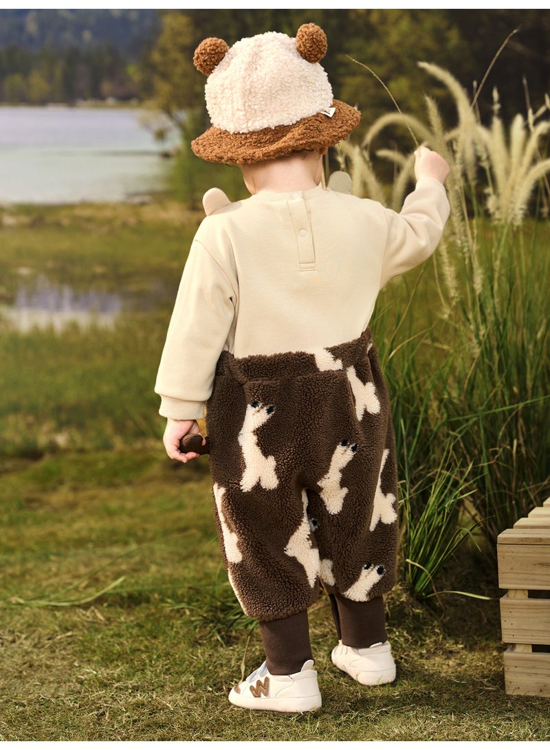 ميني بالا بليوزه خثرة لطيفة للأطفال غير المنفصلة جنسًا من ميني بالا، دافئة، ناعمة، تفاصيل أذن حيوان وتزيين أرنب، أكمام زر، سالوبات فصالية للخارج الخريف/الشتوي للأطفال - Image 3