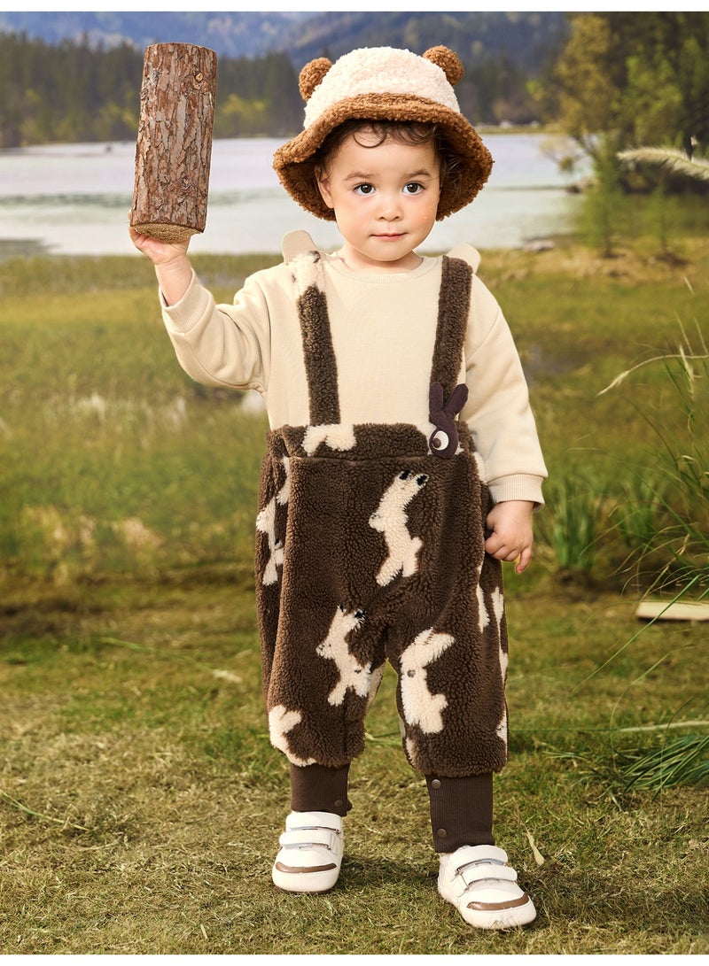 ميني بالا بليوزه خثرة لطيفة للأطفال غير المنفصلة جنسًا من ميني بالا، دافئة، ناعمة، تفاصيل أذن حيوان وتزيين أرنب، أكمام زر، سالوبات فصالية للخارج الخريف/الشتوي للأطفال - Image 1