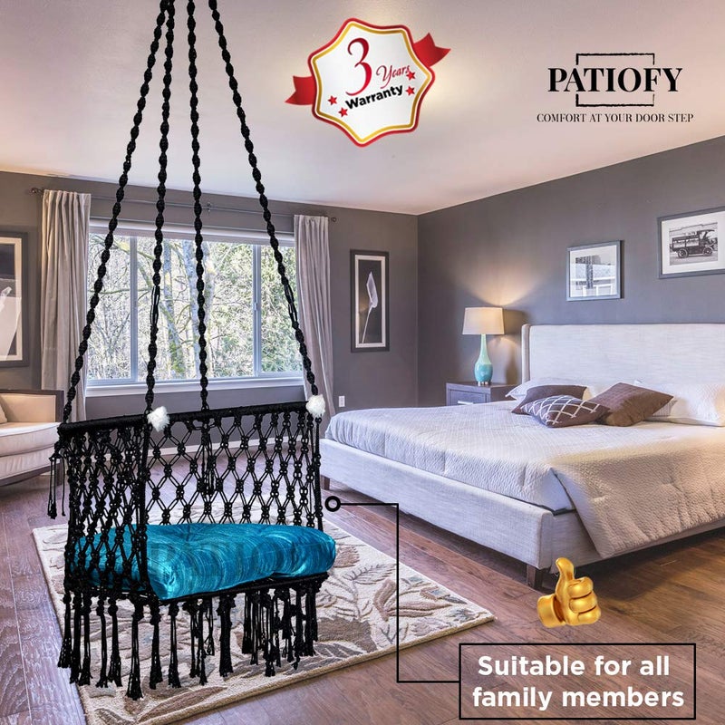 Patiofy Made in India Premium Cotton CSwing Chair for Adults Kids HammockHanging Chair Swing with Blue Color Cushion and Accessories Black - Image 4