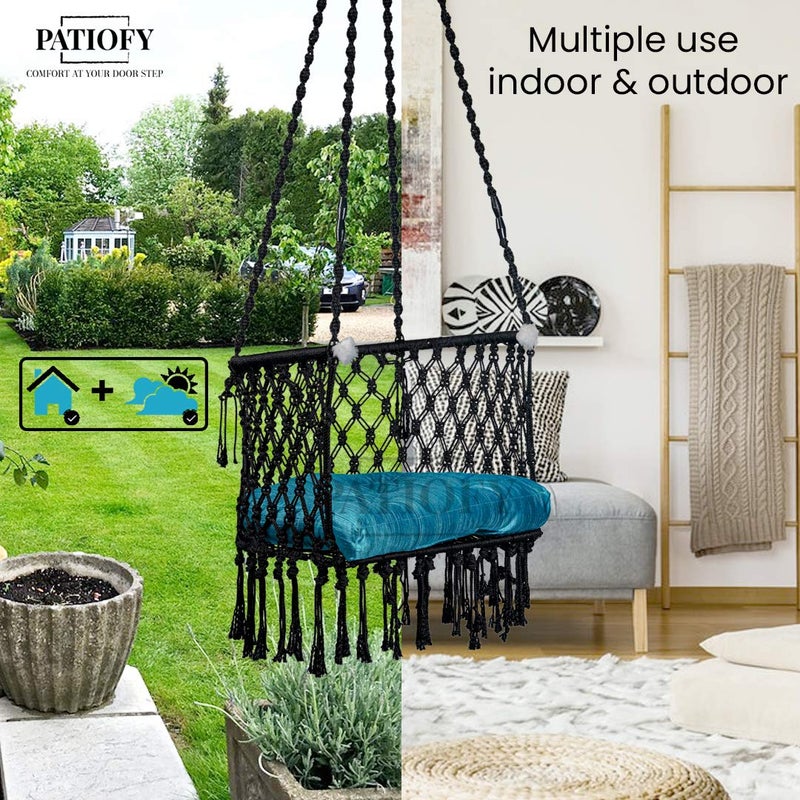 Patiofy Made in India Premium Cotton CSwing Chair for Adults Kids HammockHanging Chair Swing with Blue Color Cushion and Accessories Black - Image 5