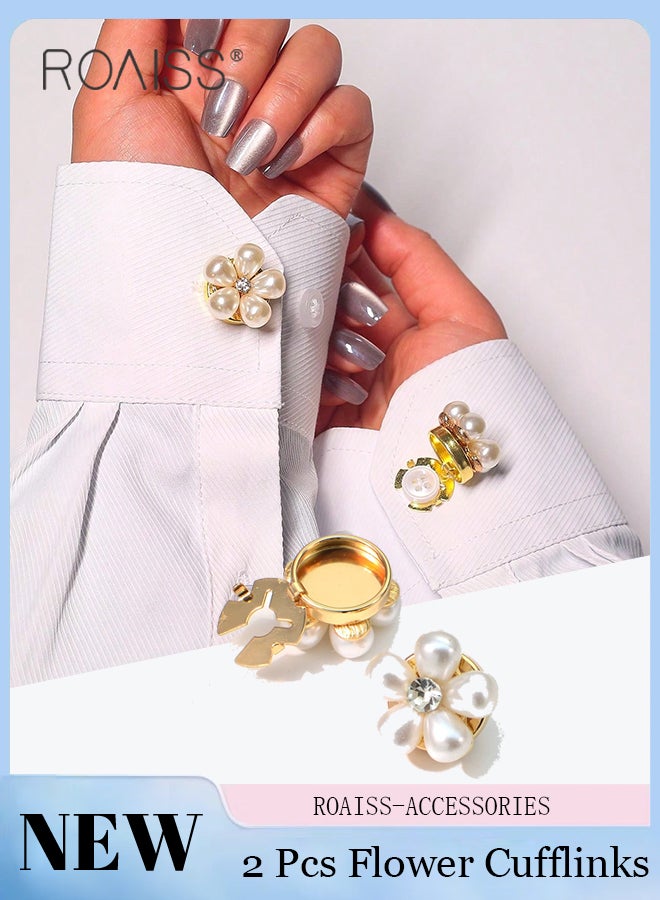 roaiss 2pcs Pearl Flower Cufflinks, Detachable Shirt Button Covers, Fashion Rhinestone Button Covers for Suit Suits and Shirts,Elegant Decorations and Accessories for Clothing and Ties - Image 1