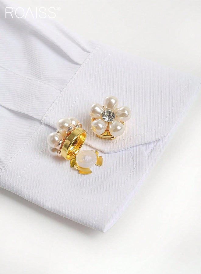 roaiss 2pcs Pearl Flower Cufflinks, Detachable Shirt Button Covers, Fashion Rhinestone Button Covers for Suit Suits and Shirts,Elegant Decorations and Accessories for Clothing and Ties - Image 4