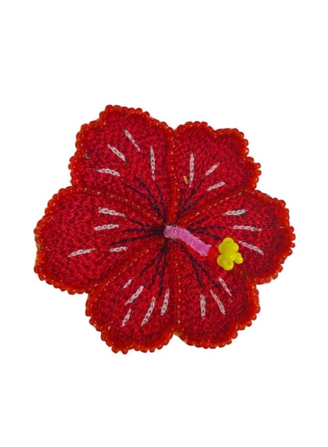 Abeo Handcrafted Traditional Hibiscus Brooch for Diwali & Kali pujo, Red Embroidered Flower Design, 2-2.5 Inches, Versatile Accessory for Sarees, Dresses, Tops, Backpacks, Mughal Era Inspired - Image 1