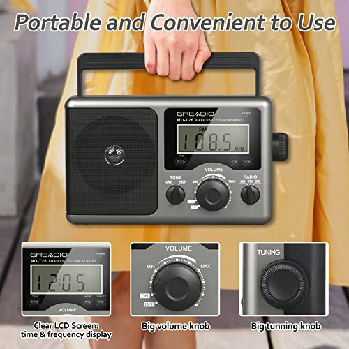 Greadio Portable Shortwave Radio with Best Reception,AM FM Transistor,LCD Display,Time Setting,Battery Operated by 4 D Cell Batteries or AC Power,Big Speaker,Earphone Jack for Gift,Elder,Home - Image 3